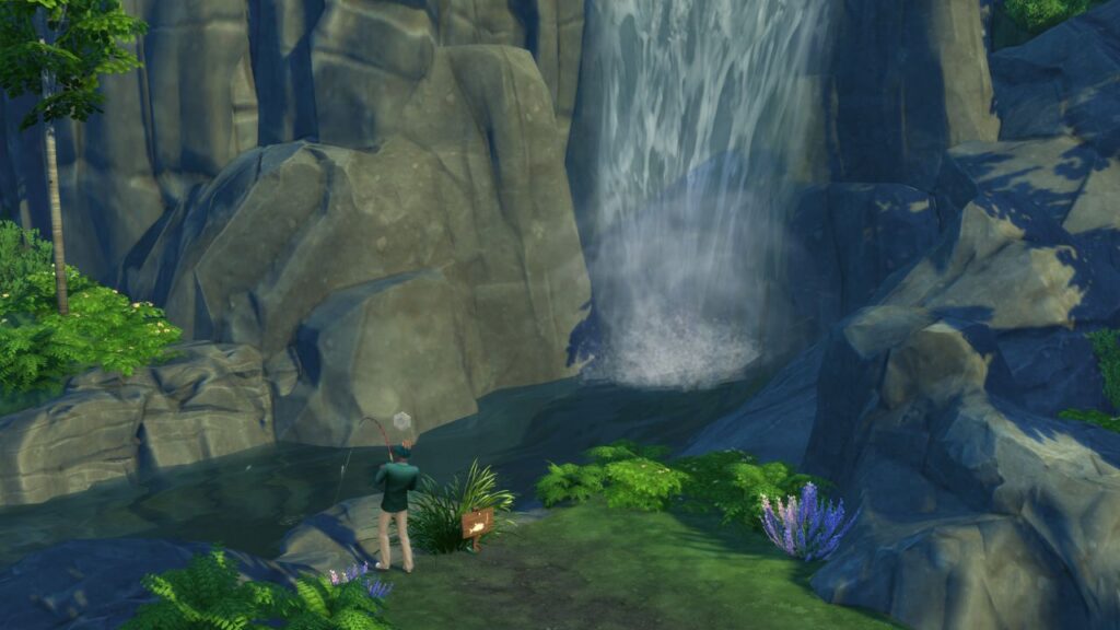A screenshot from The Sims 4 showing a fishing spot in Henford On Bagley located near a waterfall at the top of the bramblewood