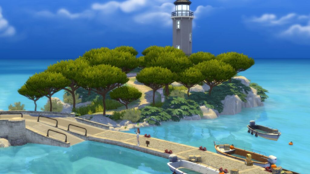 A screenshot from The Sims 4 showing a fishing spot located in front of a lighthouse in Tartosa