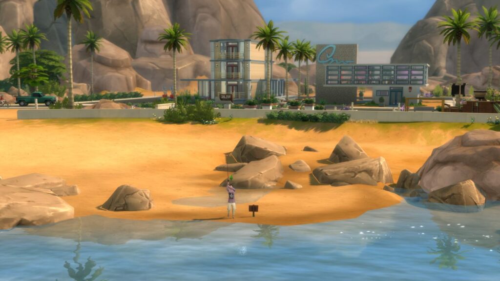 A screenshot from The Sims 4 showing a fishing spot in front of the solar flare lounge in oasis springs