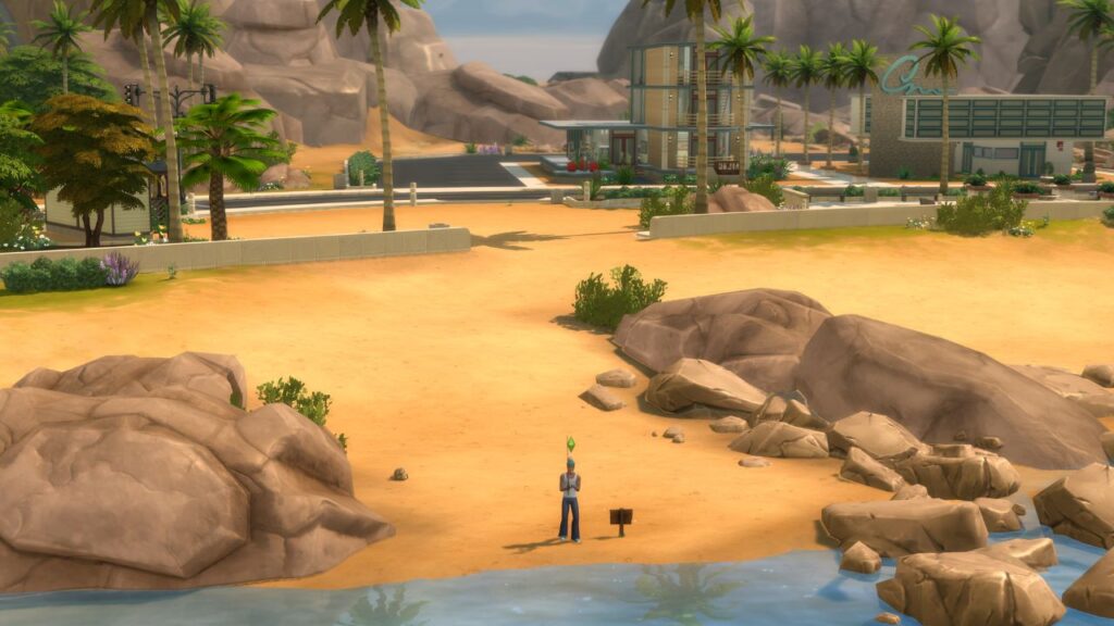 A screenshot from The Sims 4 showing a fishing spot in front of The Futures Past Museum in oasis springs