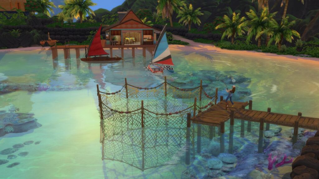 A screenshot from The Sims 4 showing a fishing spot at the end of a dock with a net surrounding it