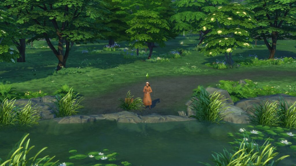 A screenshot from The Sims 4 showing a fishing spot in Henford On Bagley located beside Isle of Volpe Park