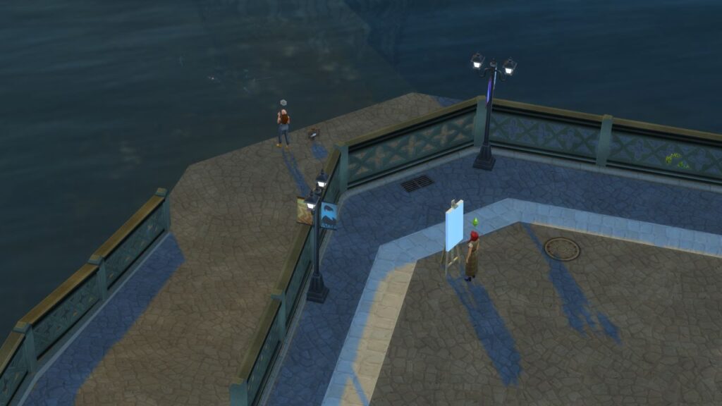 A screenshot from The Sims 4 showing a fishing spot located in Windenburg behind the narwhal arms nightclub on the left side