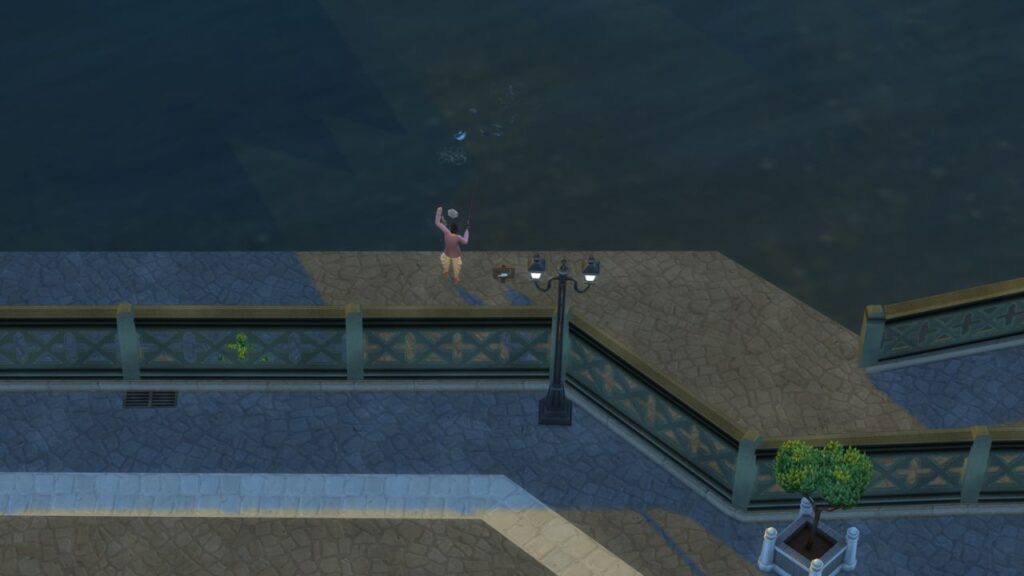 A screenshot from The Sims 4 showing a fishing spot located in Windenburg behind the nightclub on the right side