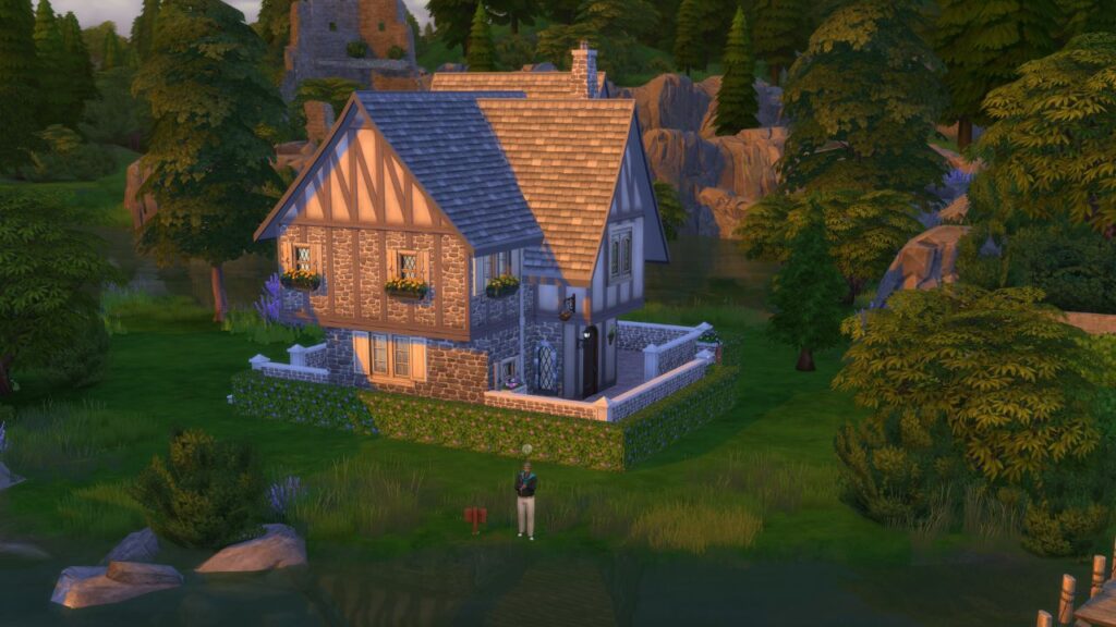 A screenshot from The Sims 4 showing a fishing spot in Windenburg beside the Free Spirits household