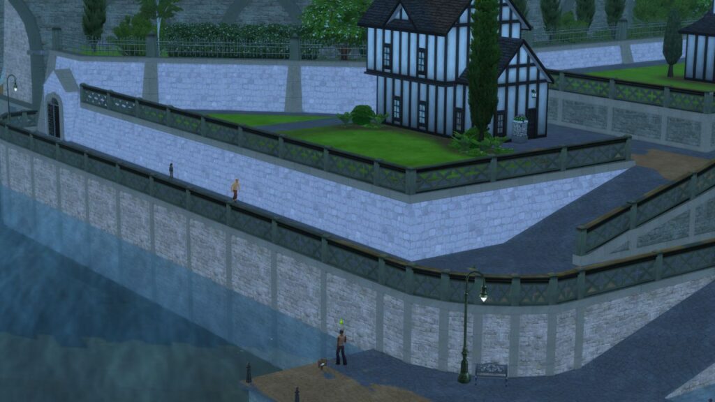 A screenshot from The Sims 4 showing a fishing spot located in Windenburg down the path from Havisham House