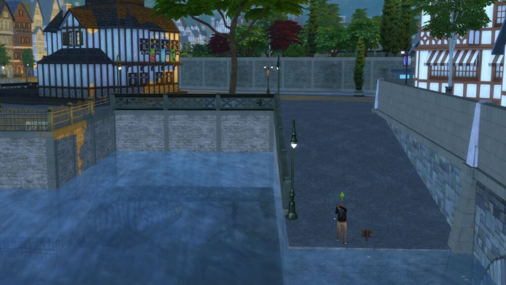 A screenshot from The Sims 4 showing a fishing spot located in Windenburg near the Old Quarter Inn