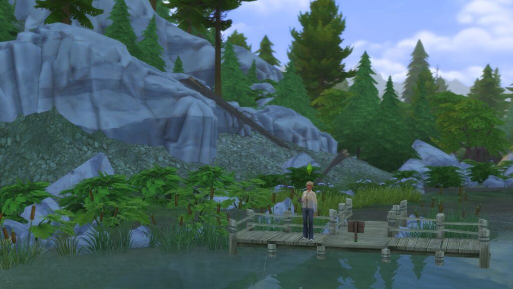 A screenshot from The Sims 4 showing the fishing spot next to the peak in Moonwood Mill