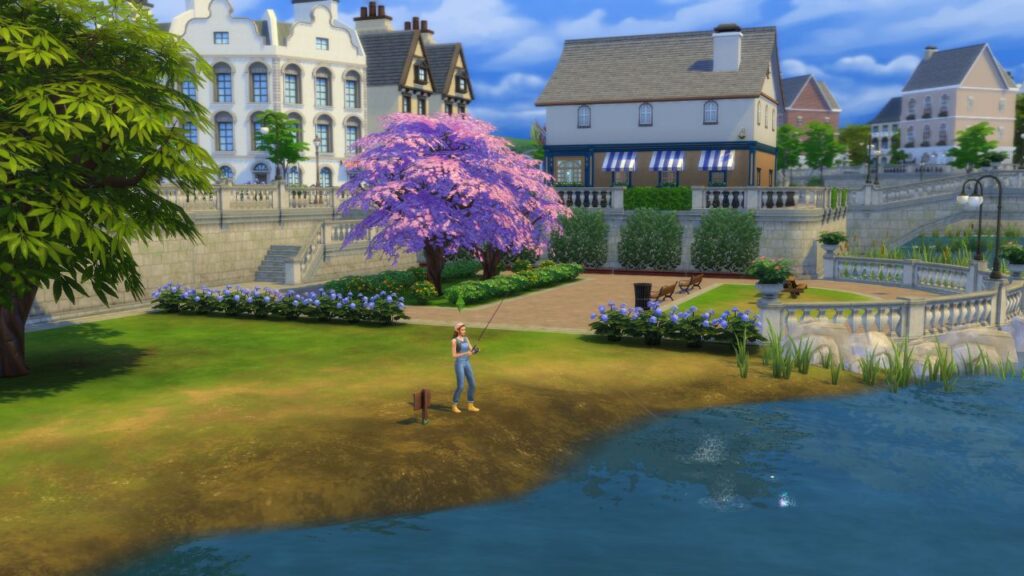 A screenshot from The Sims 4 showing a fishing spot next to Pepper's Pub in Gibbs Hill