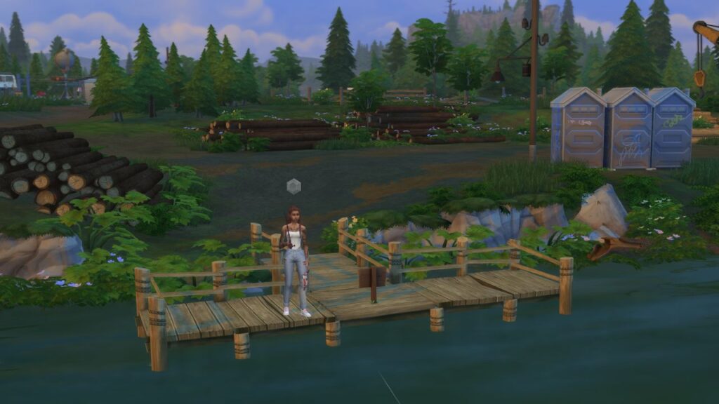 A screenshot from The Sims 4 showing a fishing spot near the sparring grounds in moonwood mill