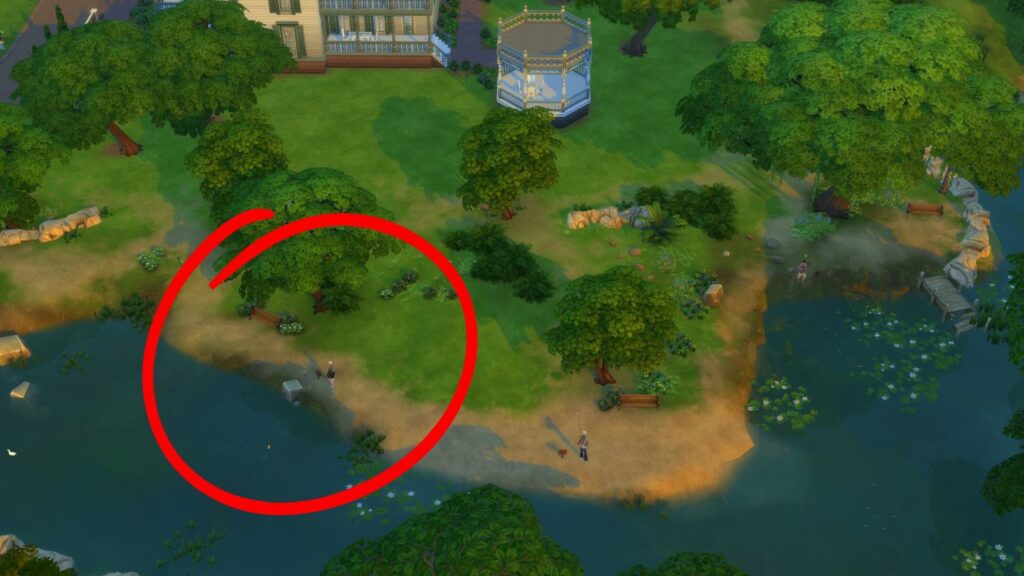 A screenshot from The Sims 4 showing a fishing spot near the Oakenstead lot