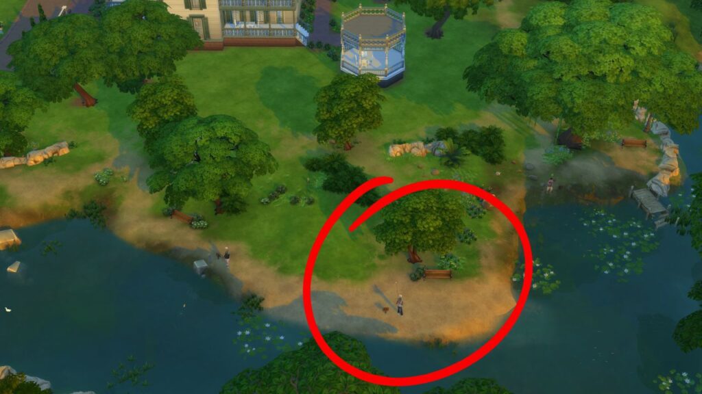 A screenshot from The Sims 4 showing a fishing spot circled near the oakenstead lot