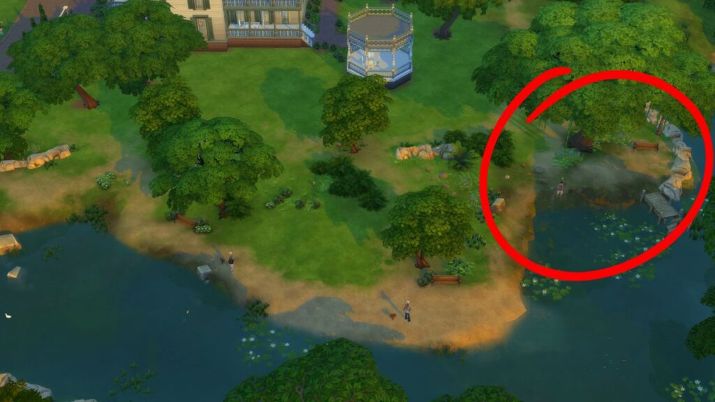 A screenshot from The Sims 4 showing a fishing spot which is circled with a large red circle