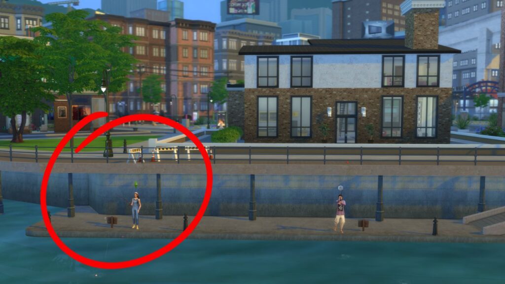 A screenshot from The Sims 4 showing a fishing spot located behind the old salt house on the left side