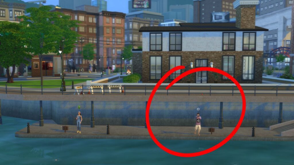 A screenshot from The Sims 4 showing a fishing spot located behind the old salt house on the right side