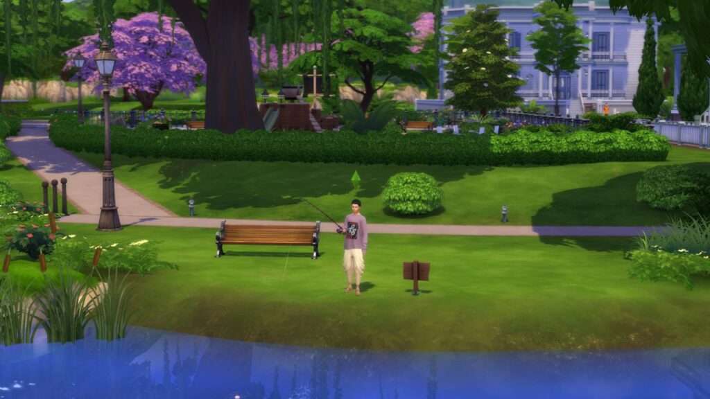 A screenshot from The Sims 4 showing a fishing spot beside the Parkshore Lot near a park