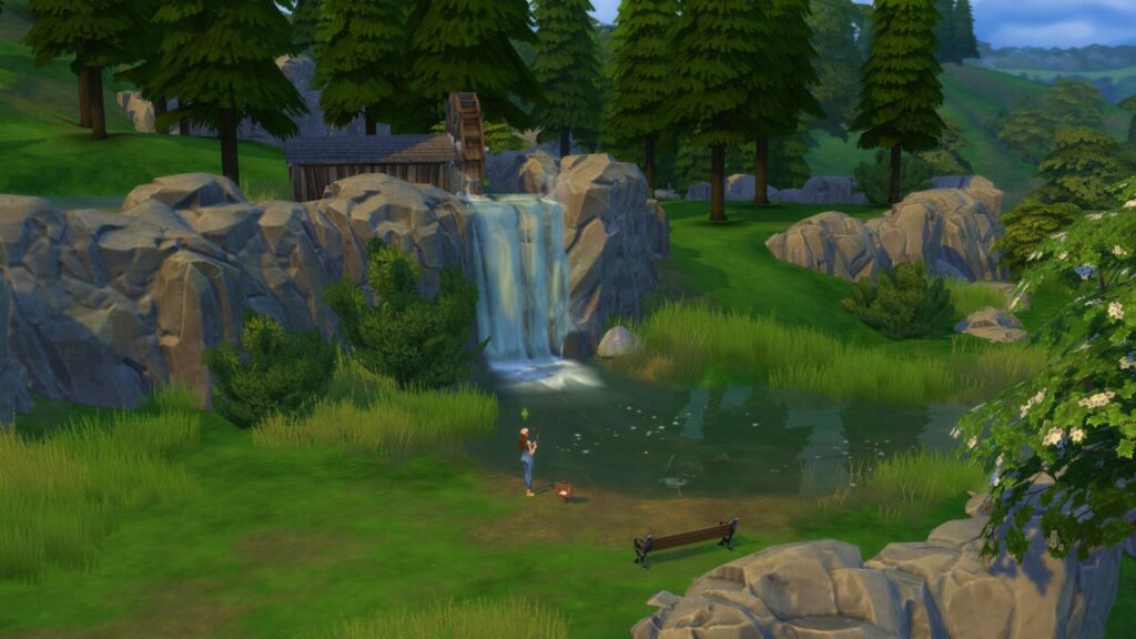 A screenshot from The Sims 4 showing a fishing spot in Windenburg near a watermill near the Fryes household