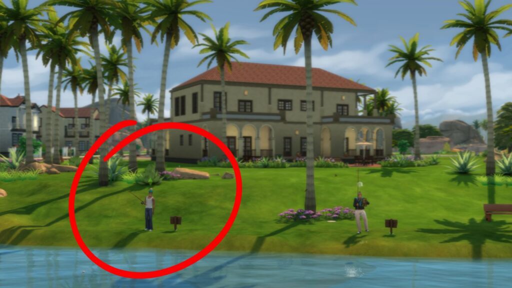 A screenshot from The Sims 4 showing the location of a fishing spot behind Rio Verde on the left