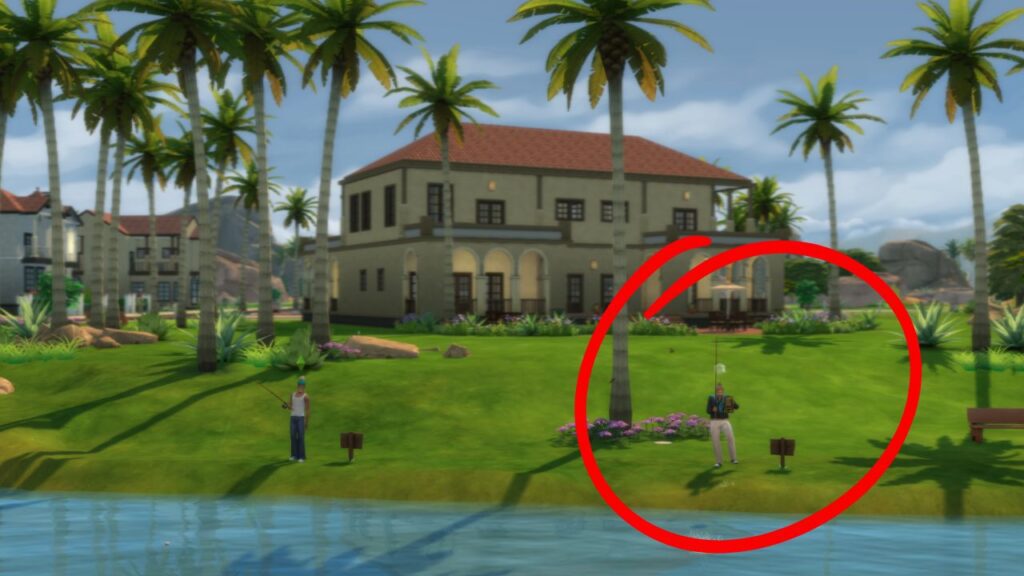 A screenshot from The Sims 4 showing the location of a fishing spot behind rio verde on the right