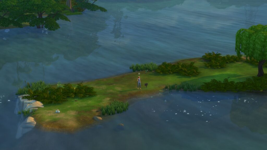 A screenshot from The Sims 4 showing a fishing spot at the tip of a peninsula in Willow Creek