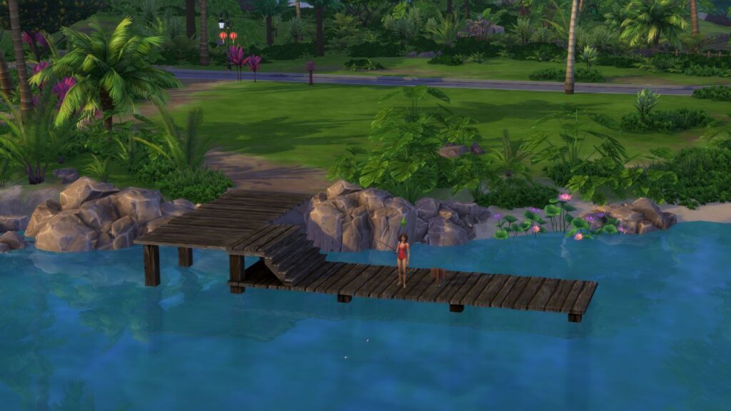 A screenshot from The Sims 4 showing a sim fishing in a red bathing suit on a board walk