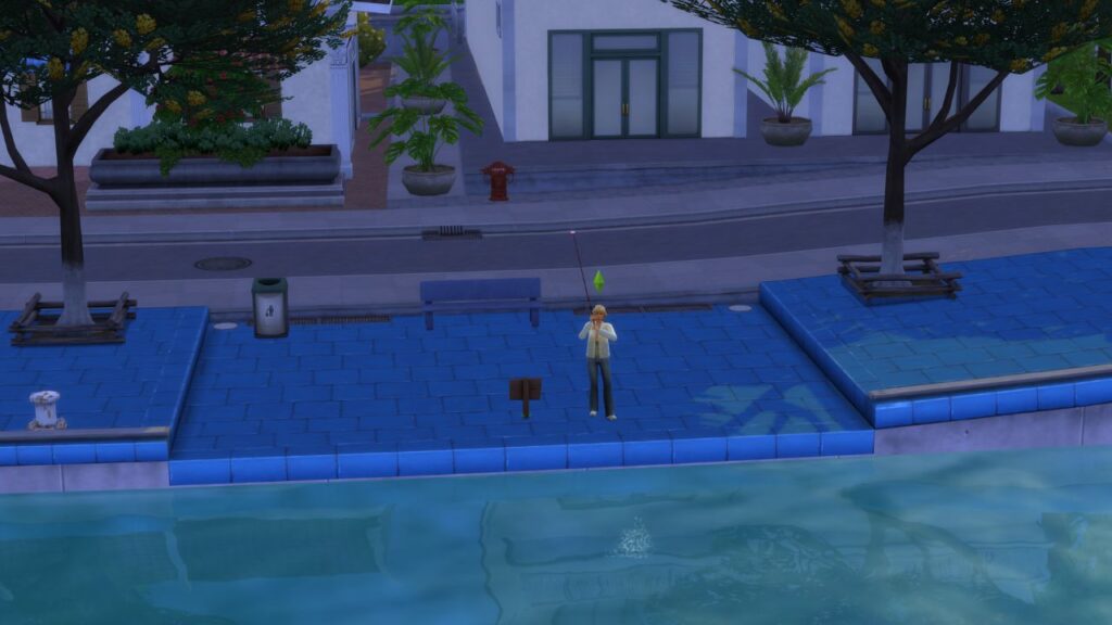 A screenshot from The Sims 4 showing a sim fishing on a blue path way