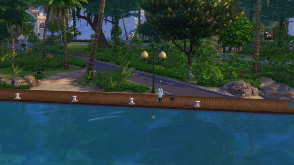 A screenshot from The Sims 4 showing a sim fishing on a boardwalk at the end of a road