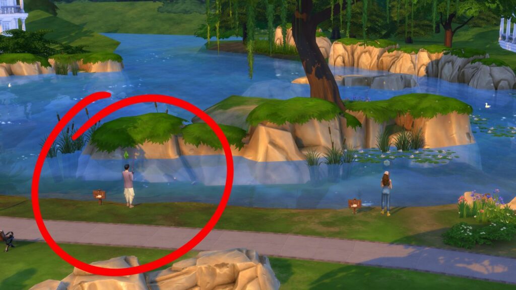 A screenshot from The Sims 4 showing a fishing spot located behind the tranquil crescent lot in Newcrest (left side)