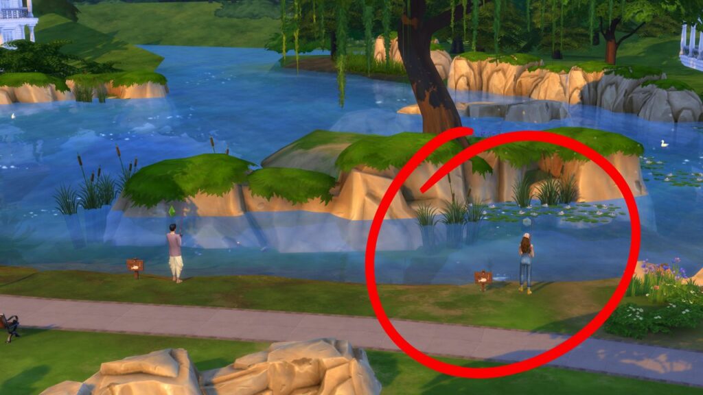 A screenshot from The Sims 4 showing a fishing spot located behind the tranquil crescent lot in Newcrest (right side)