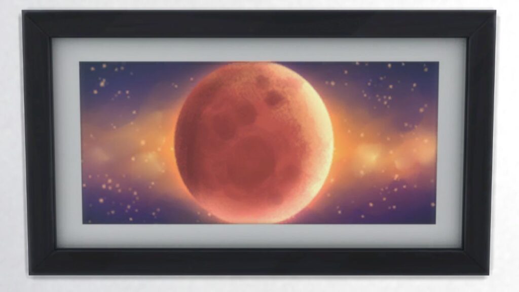 A screenshot from The Sims 4 showing a black frame with a print of a bright red and orange moon in the night's sky