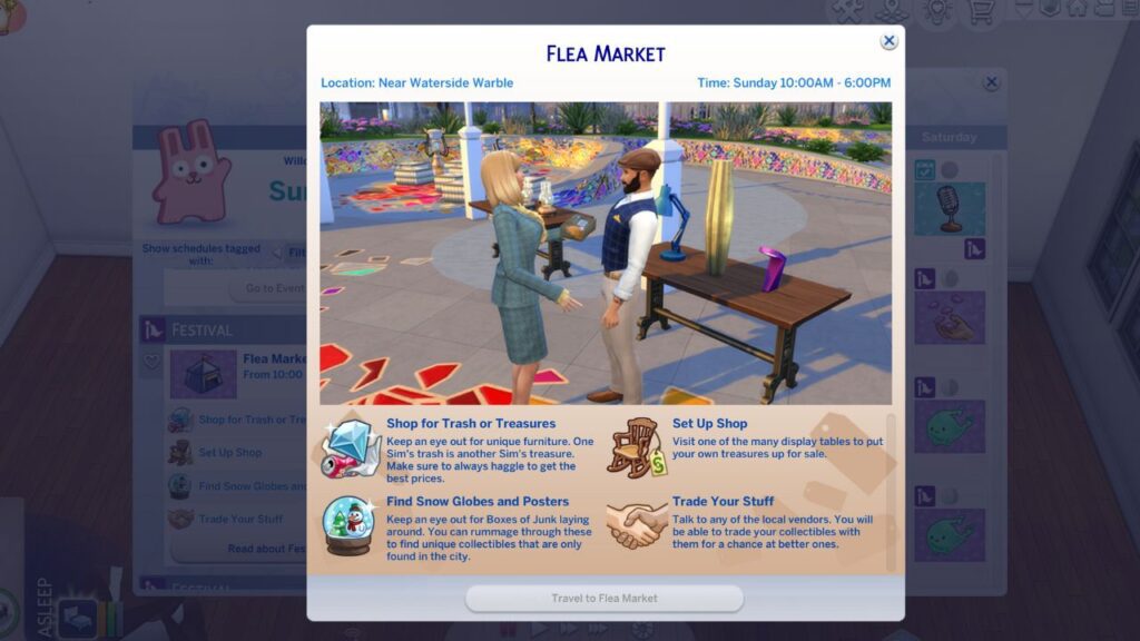 A screenshot from The Sims 4 showing the flea market festival information