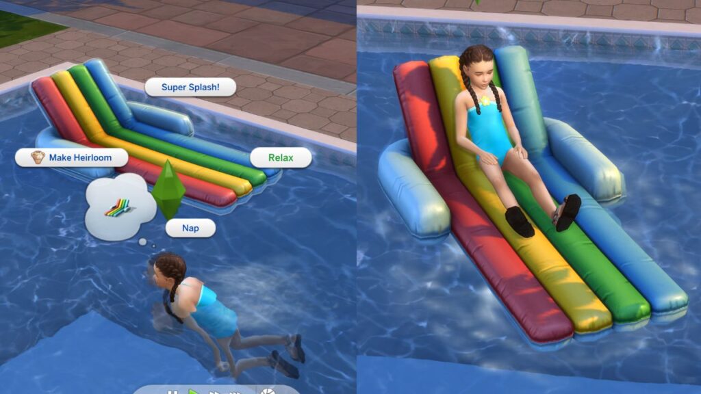 A screenshot from The Sims 4 showing the option to relax on a pool lounger