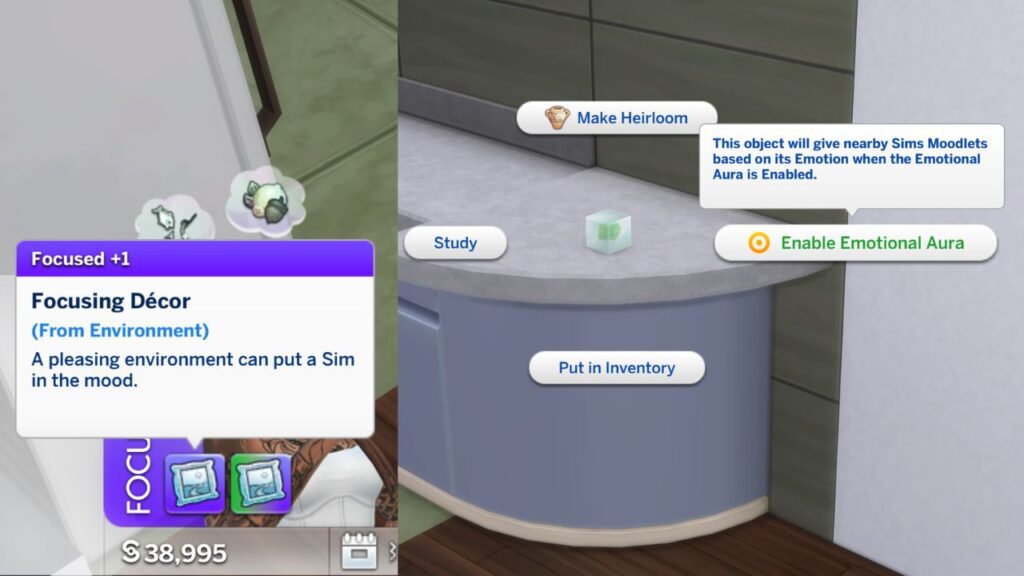A screenshot from The Sims 4 showing how to enable an emotional aura on an element