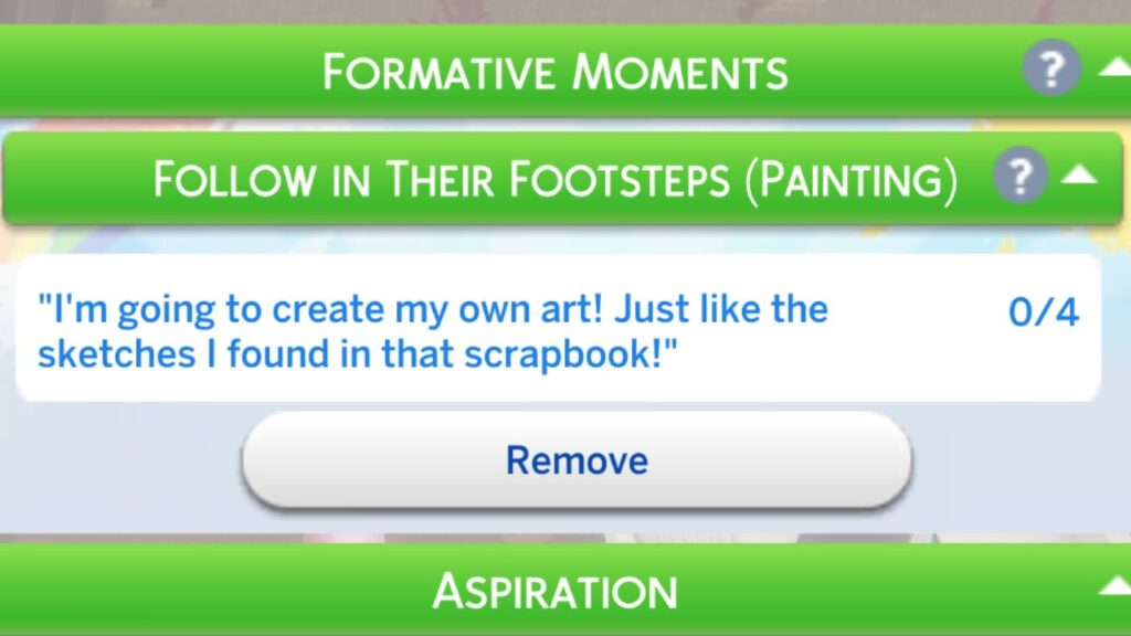 A screenshot from The Sims 4 showing the follow in their footsteps (painting) formative moment tasks