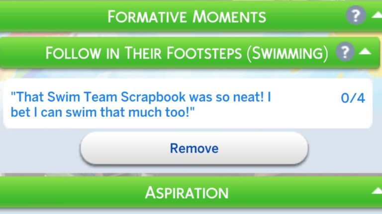 A screenshot from The Sims 4 showing the tasks for the following in their footsteps (swimming) formative moment
