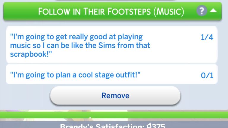 A screenshot from The Sims 4 showing the Follow in Their Footsteps (Music) formative moment tasks
