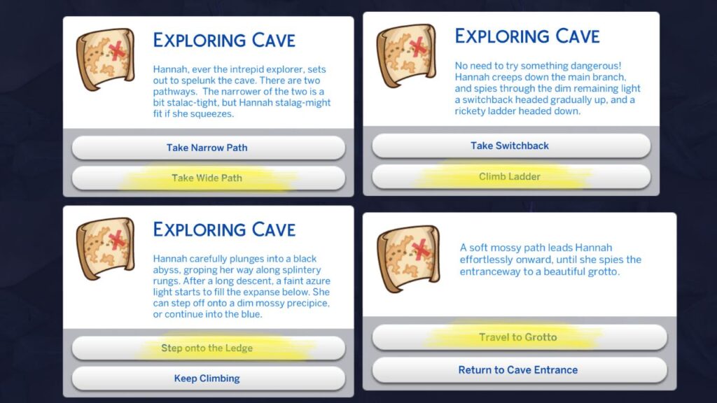 A screenshot from The Sims 4 showing the answers to action cards for Forgotten Grotto