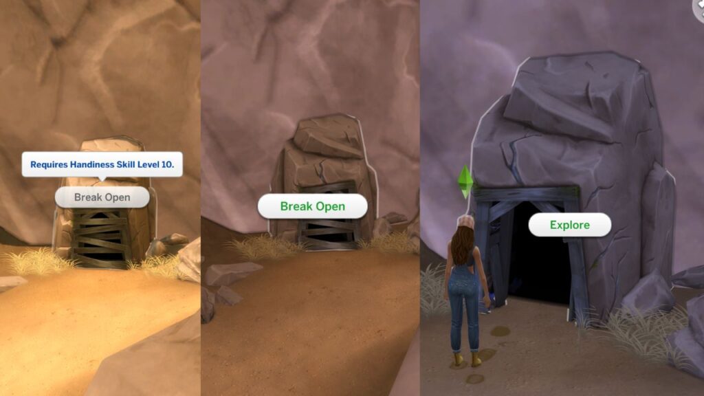 A screenshot from The Sims 4 showing an entrance in the side of the rock at Desert Bloom Park