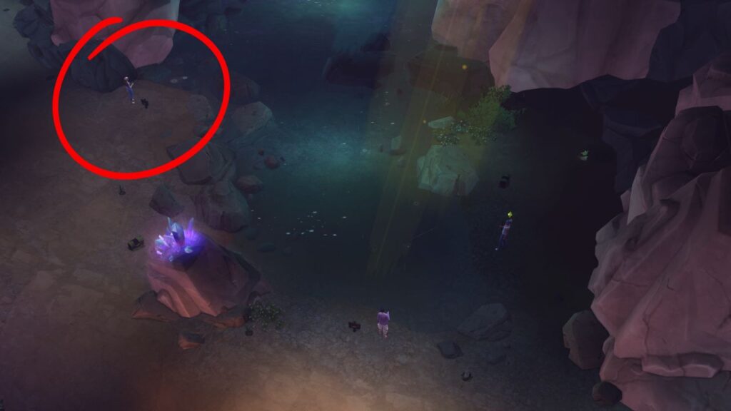 A screenshot from The Sims 4 showing the location of a fishing spot on the left of the forgotten grotto