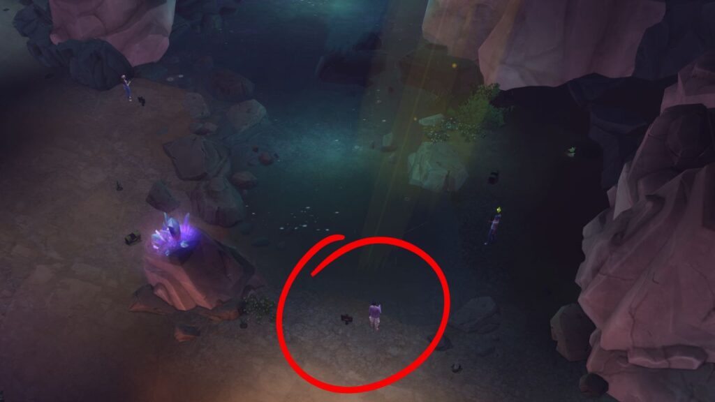 A screenshot from The Sims 4 showing the location of a fishing spot in the middle of the forgotten grotto
