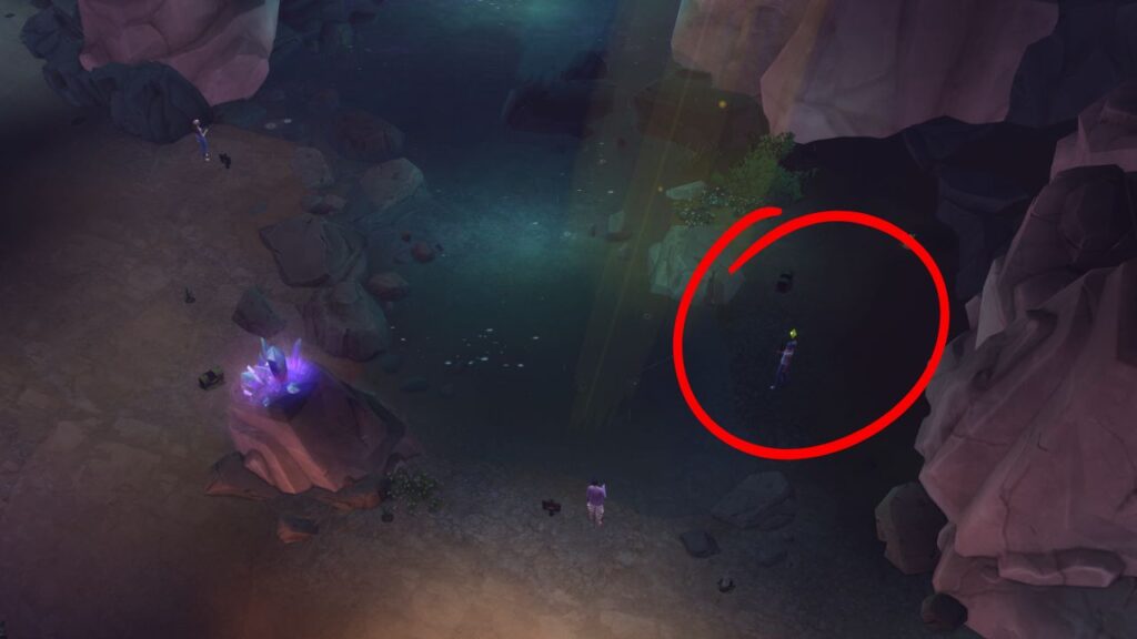 A screenshot from The Sims 4 showing the location of a fishing spot in the forgotten grotto on the right hand side