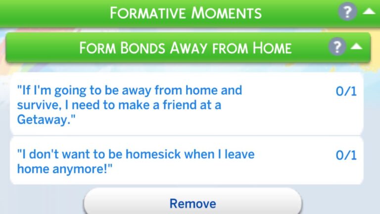 A screenshot from The Sims 4 showing the form bonds away from home formative moment tasks