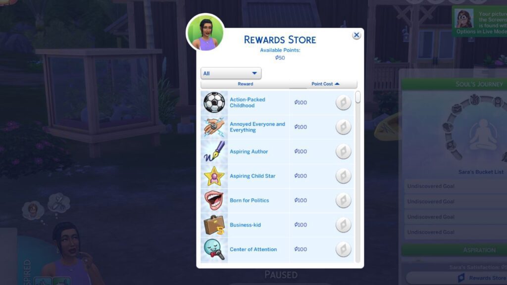 A screenshot from The Sims 4 showing the option to purchase formative moments from the reward store