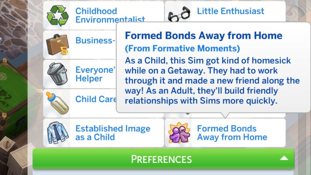 A screenshot from The Sims 4 showing the formed bonds away from home trait from formative moments