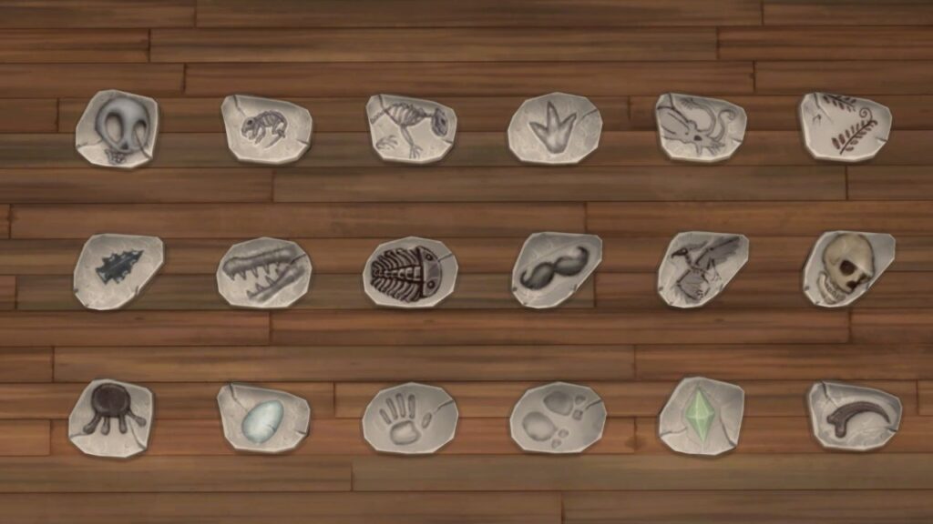 A screenshot from The Sims 4 showing the fossil collection on the ground