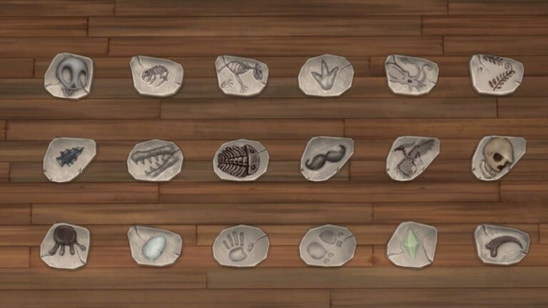 A screenshot from The Sims 4 showing the fossil collection on the ground