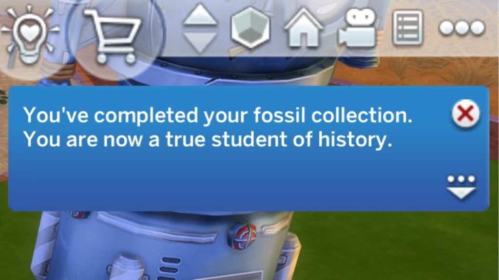 A screenshot from The Sims 4 showing the notification you get when you finish the fossil collection
