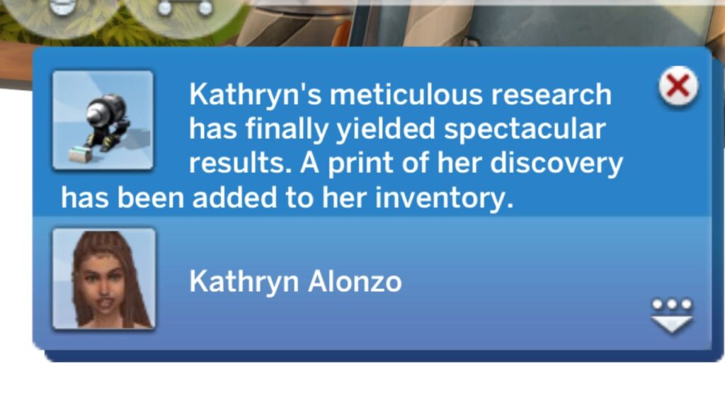 A screenshot from The Sims 4 showing the notification you get when you find a microscope print 