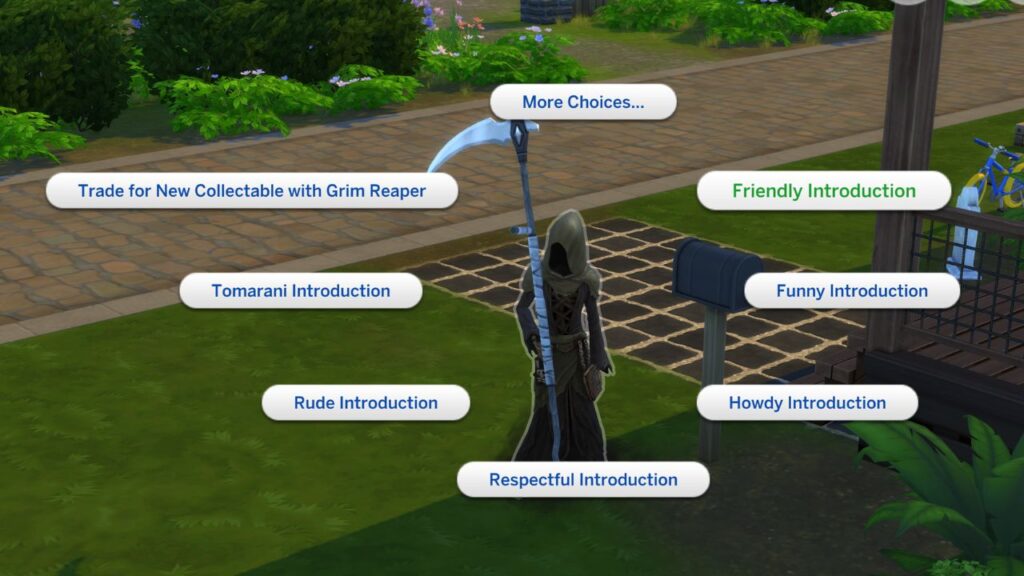 A screenshot from The Sims 4 showing a friendly introduction with the Grim Reaper