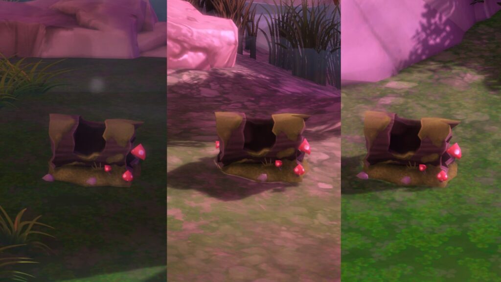A screenshot from The Sims 4 showing a bunch of frog spots in Sylvan Glade